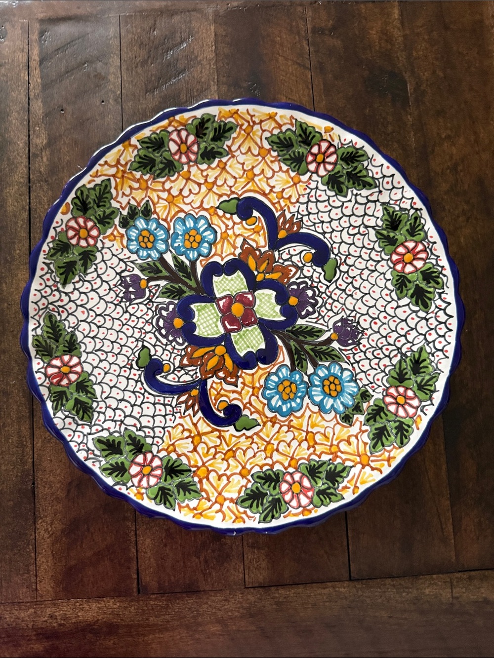 Hand Painted Talavera Wall Plate Signed V. Perez Puebla Mexico Floral 12”